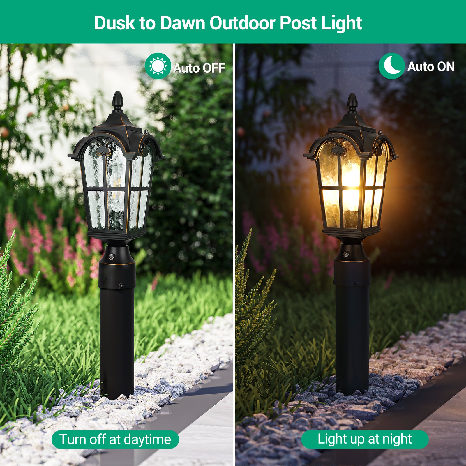 EDISHINE Dusk to Dawn Post Light with Pier Mount Base, Black Roman  Waterproof Pole Lantern Fixture, Water Ripple Glass Exterior Lamp Post Light