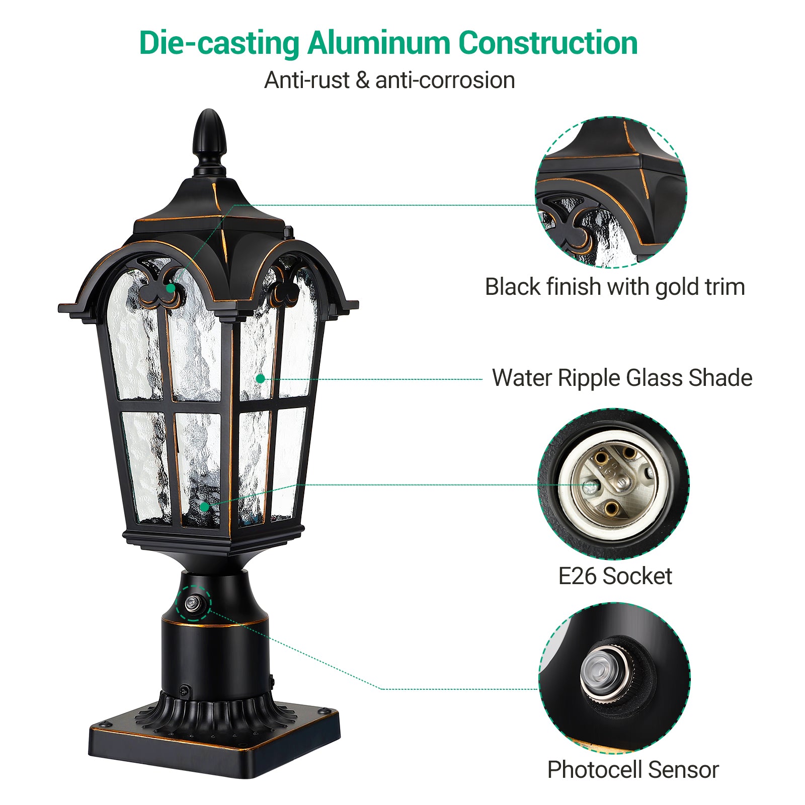 EDISHINE Dusk to Dawn Post Light with Pier Mount Base, Black Roman  Waterproof Pole Lantern Fixture, Water Ripple Glass Exterior Lamp Post Light