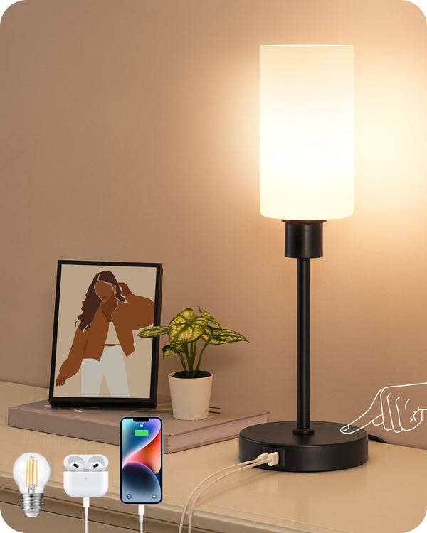 EDISHINE 19" Black Glass Table Lamp with Touch Control-HLTL08A