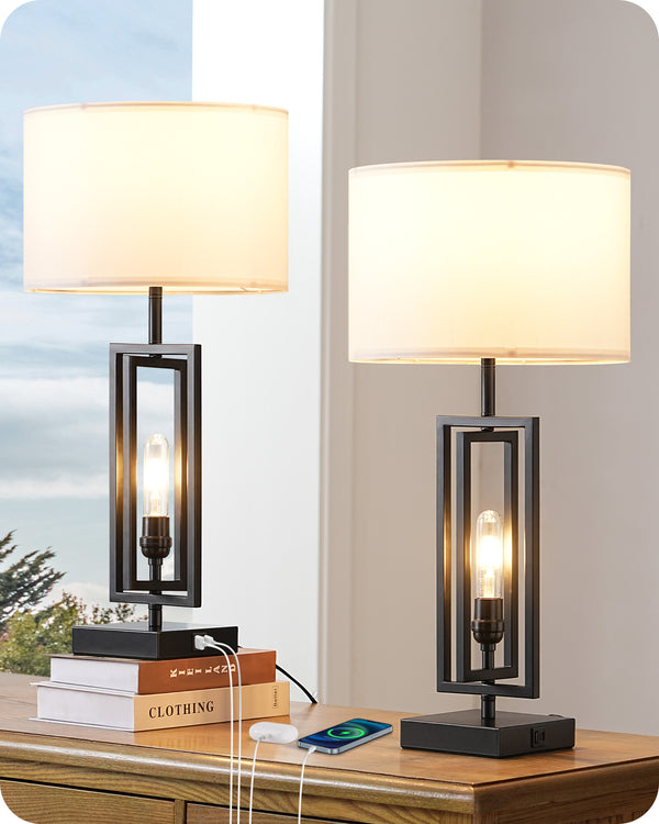 EDISHINE 25.6" 3-Way Dimmable Farmhouse Table Lamp with Night Light (2 Pack)-HLTL09C
